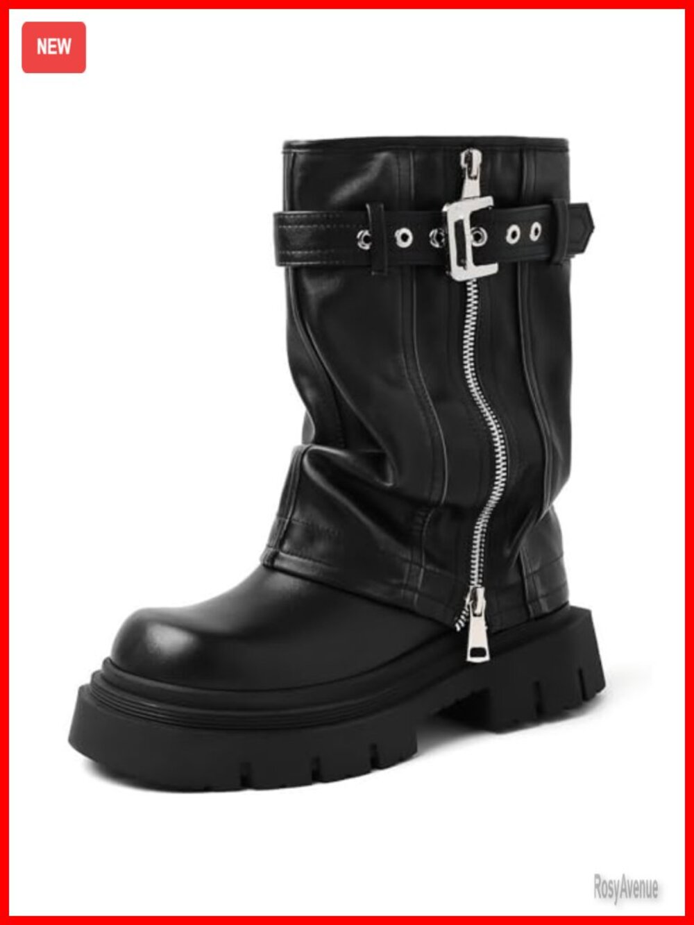 Platform Fold Over Mid Calf Biker Boots Chunky Heel Square Toe Buckle
